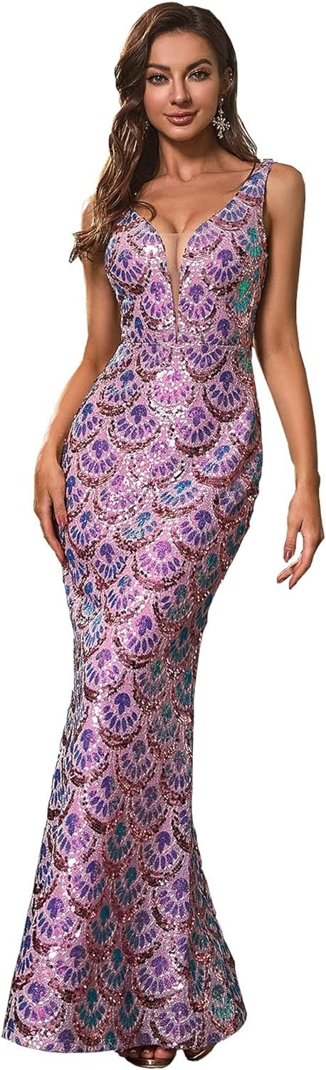 Women's V Neck Splicing Tulle Pattern Sequin Elegant Long Mermaid Prom Dress