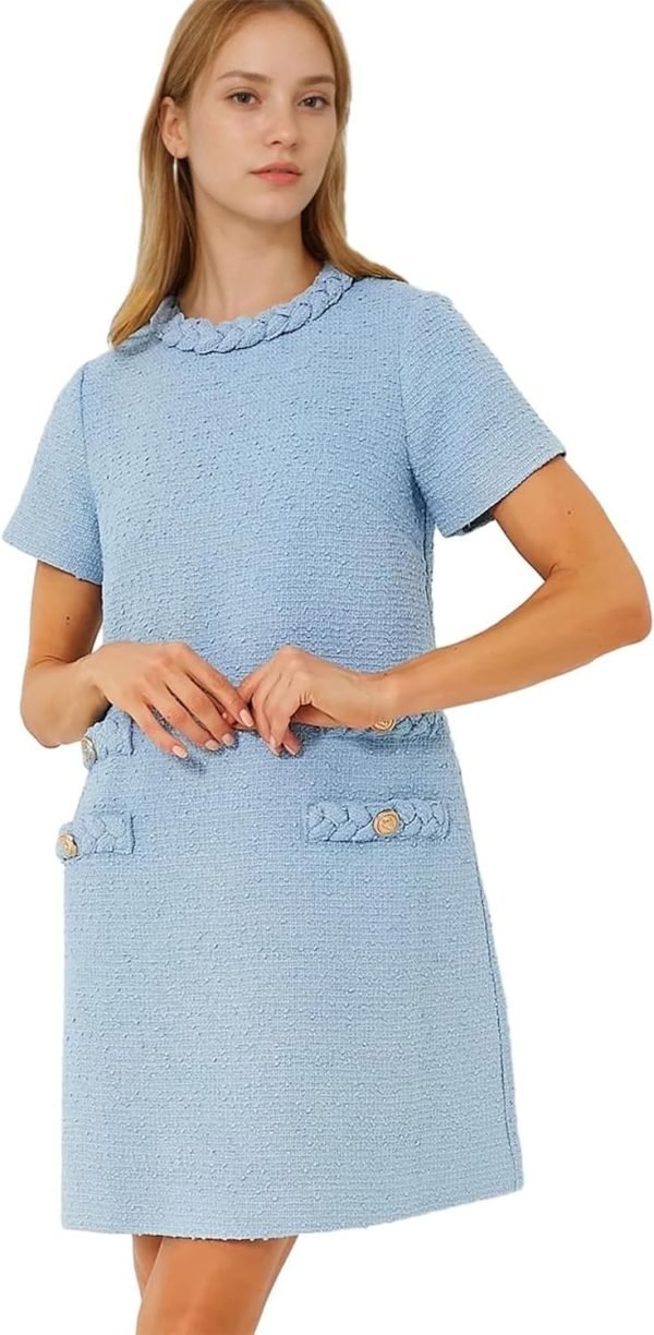 Women's Tweed Dress Short Sleeve Crew Neck A-line Party Vintage Mini Skirt Causal Dresses