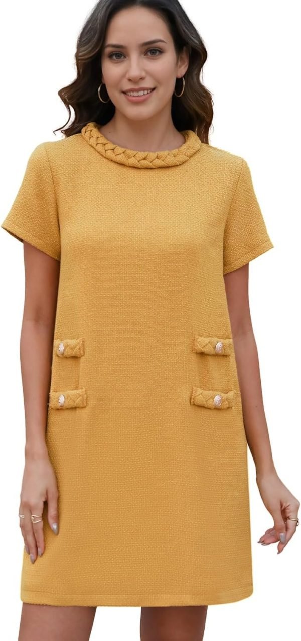 Women's Tweed Dress Short Sleeve Crew Neck A-line Party Vintage Mini Skirt Causal Dresses