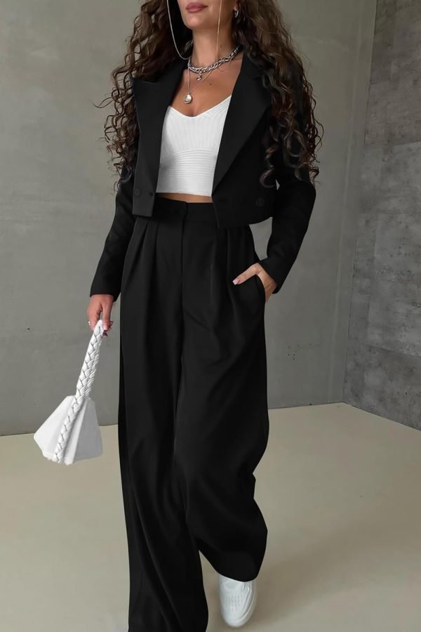 Womens Cropped Blazer Jackets High Waisted Wide Leg Work Pants Suit Set
