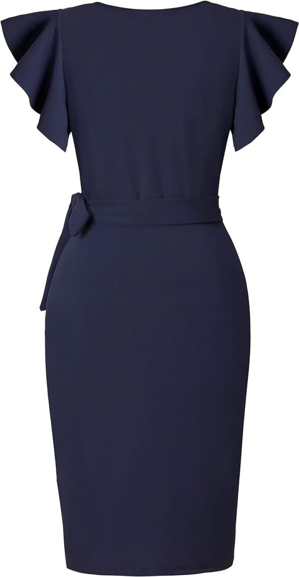 Womens Deep V Neck Ruffle Sleeve Sheath Casual Cocktail Party Work Faux Wrap Dress