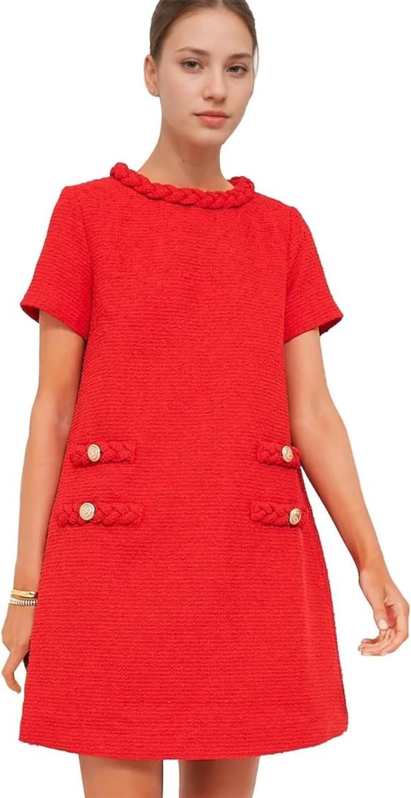 Women's Tweed Dress Short Sleeve Crew Neck A-line Party Vintage Mini Skirt Causal Dresses