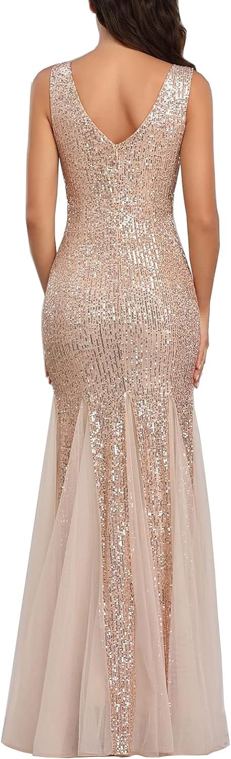 Women Sequin Dress Tulle Party Dress for Women Sexy V-Neck Dress Formal Long Dresses Evening Prom Gowns