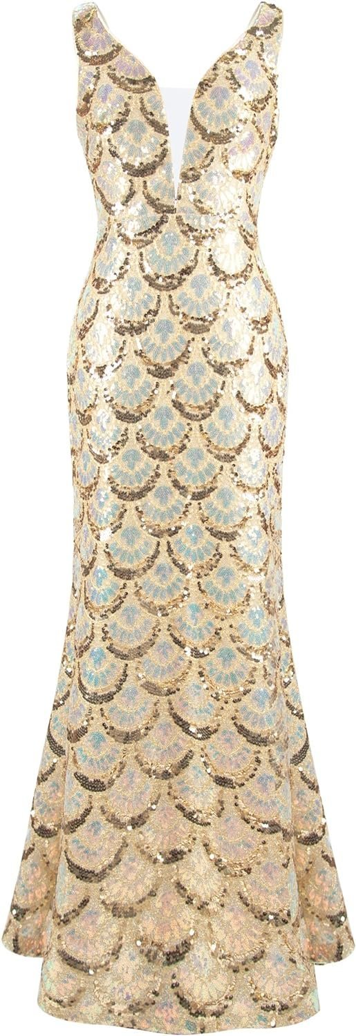 Women's V Neck Splicing Tulle Pattern Sequin Elegant Long Mermaid Prom Dress