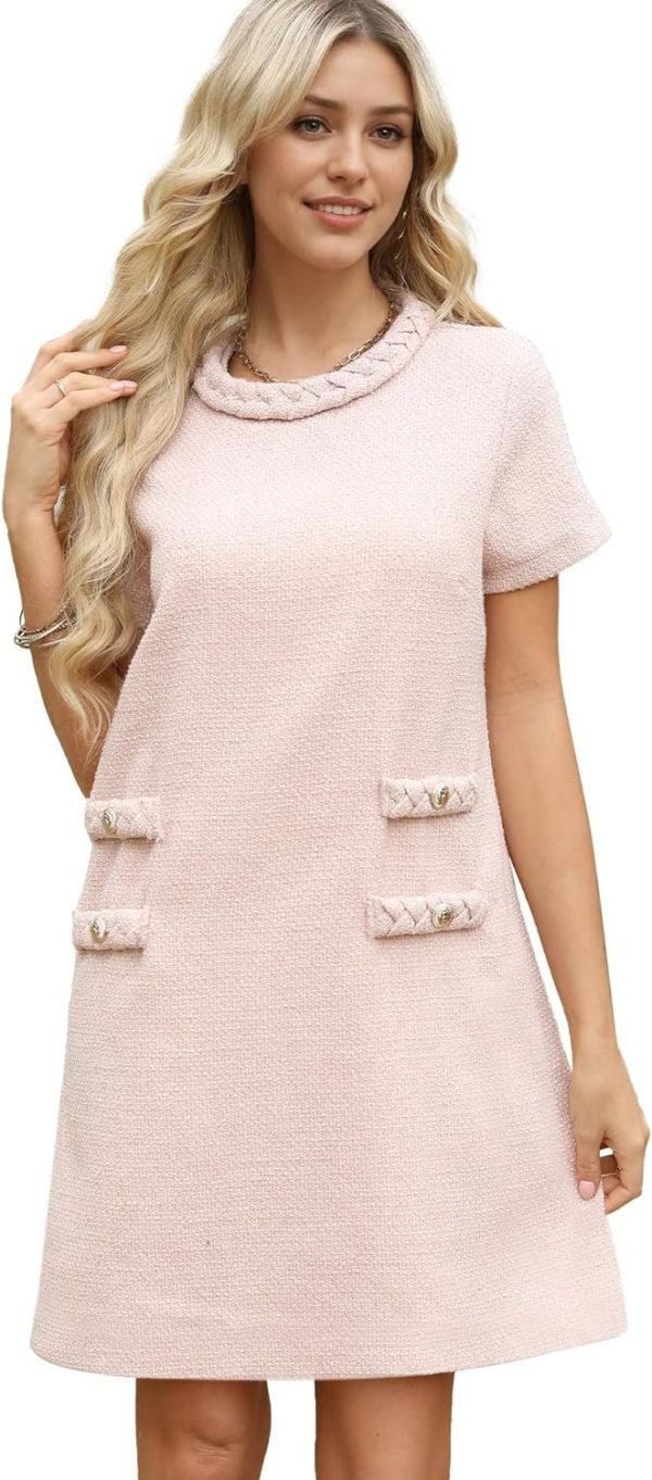 Women's Tweed Dress Short Sleeve Crew Neck A-line Party Vintage Mini Skirt Causal Dresses