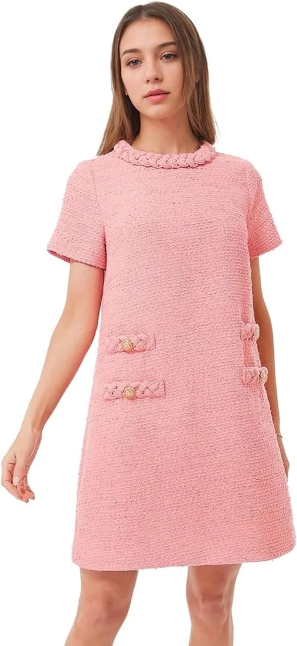 Women's Tweed Dress Short Sleeve Crew Neck A-line Party Vintage Mini Skirt Causal Dresses