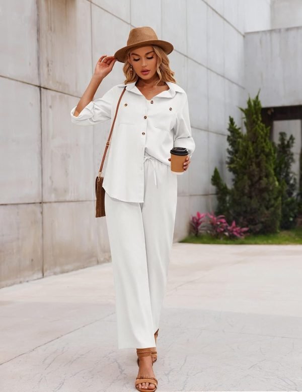 Women 2 Piece Linen Sets 2023 Button Down Shirt and Drawstring Long Pants Set Summer Outfits