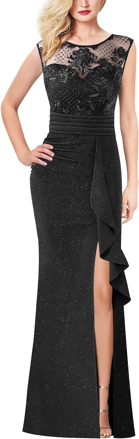 Womens Formal Ruched Ruffles Evening Prom Wedding Party Maxi Dress