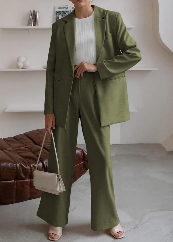 Women's 2024 Fall 2 Piece Blazer Set Casual Loose Long Blazer Jackets and Dressy Wide Leg Pant Suits with Pockets