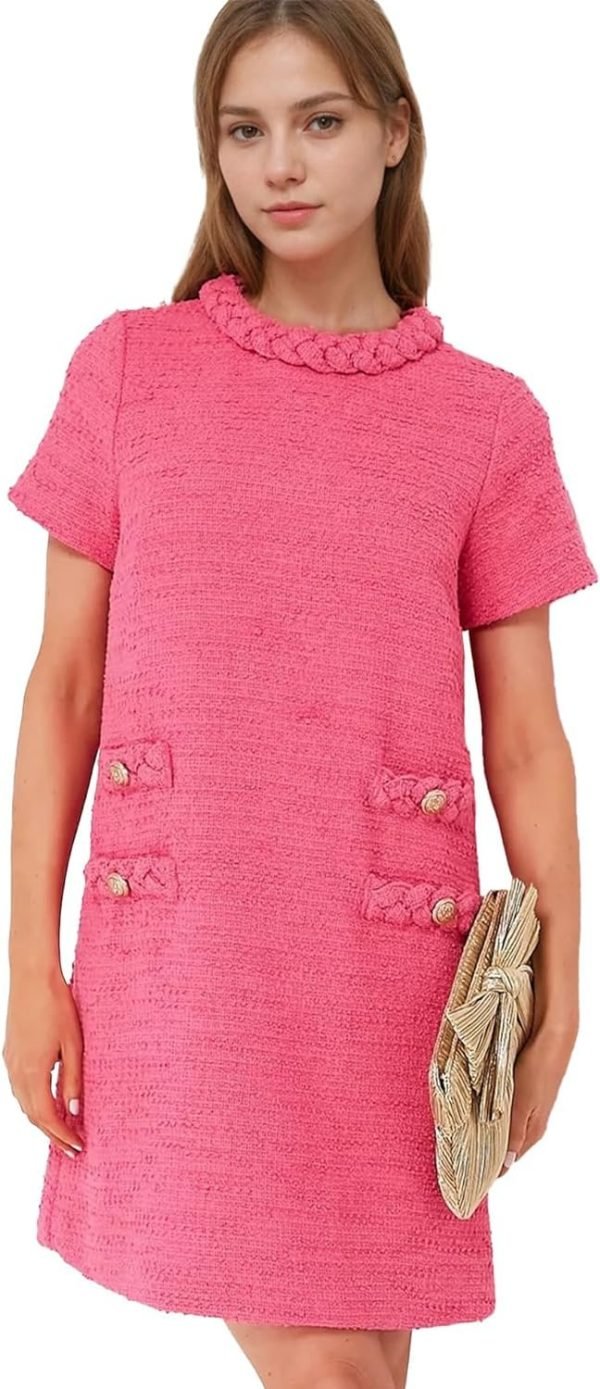 Women's Tweed Dress Short Sleeve Crew Neck A-line Party Vintage Mini Skirt Causal Dresses