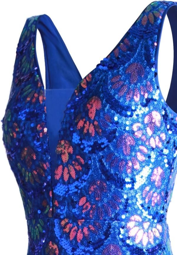 Women's V Neck Splicing Tulle Pattern Sequin Elegant Long Mermaid Prom Dress