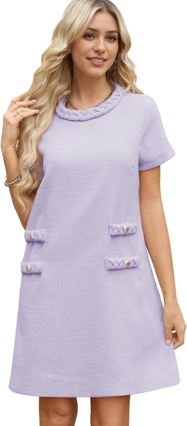 Women's Tweed Dress Short Sleeve Crew Neck A-line Party Vintage Mini Skirt Causal Dresses