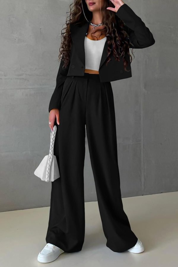 Womens Cropped Blazer Jackets High Waisted Wide Leg Work Pants Suit Set