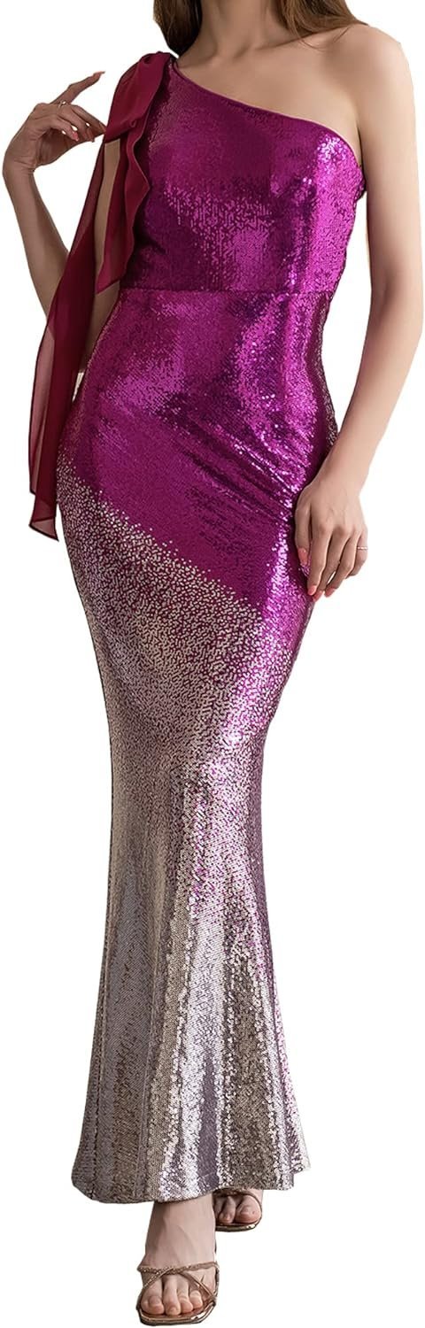 Women's Asymmetric Ribbon Gradient Sequin Mermaid Long Prom Dress