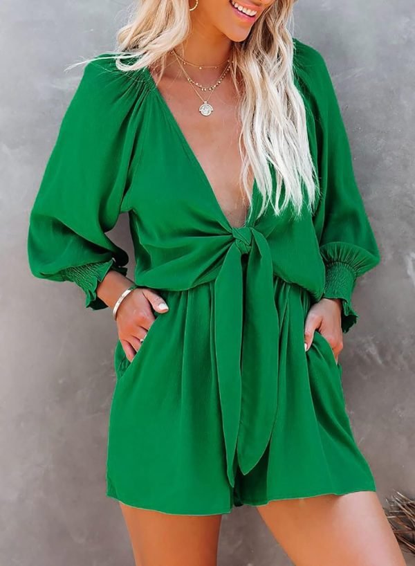 Rompers for Women Dressy Spring Summer Tie Knot Front Sexy V Neck Jumpsuits