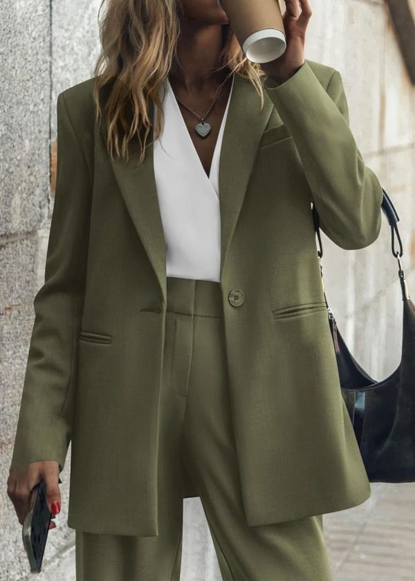 Women's 2024 Fall 2 Piece Blazer Set Casual Loose Long Blazer Jackets and Dressy Wide Leg Pant Suits with Pockets