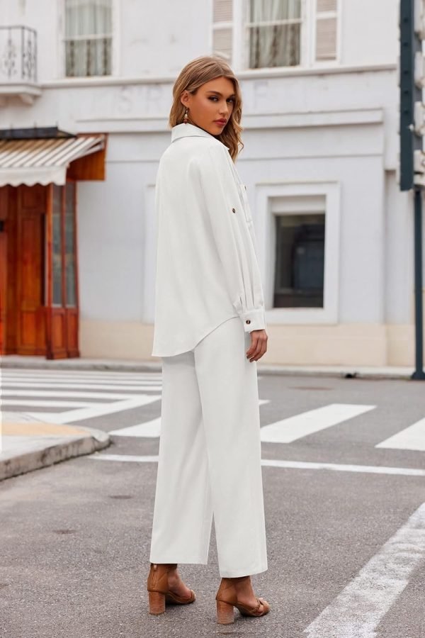 Women 2 Piece Linen Sets 2023 Button Down Shirt and Drawstring Long Pants Set Summer Outfits