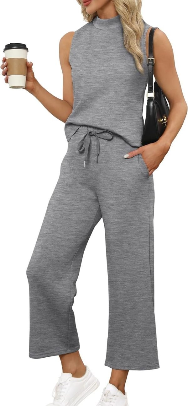 Two Piece Sets for Women Summer Outfits Lounge Sets Mock Neck Tops Wide Leg Crop Pants Vacation Travel Outfits