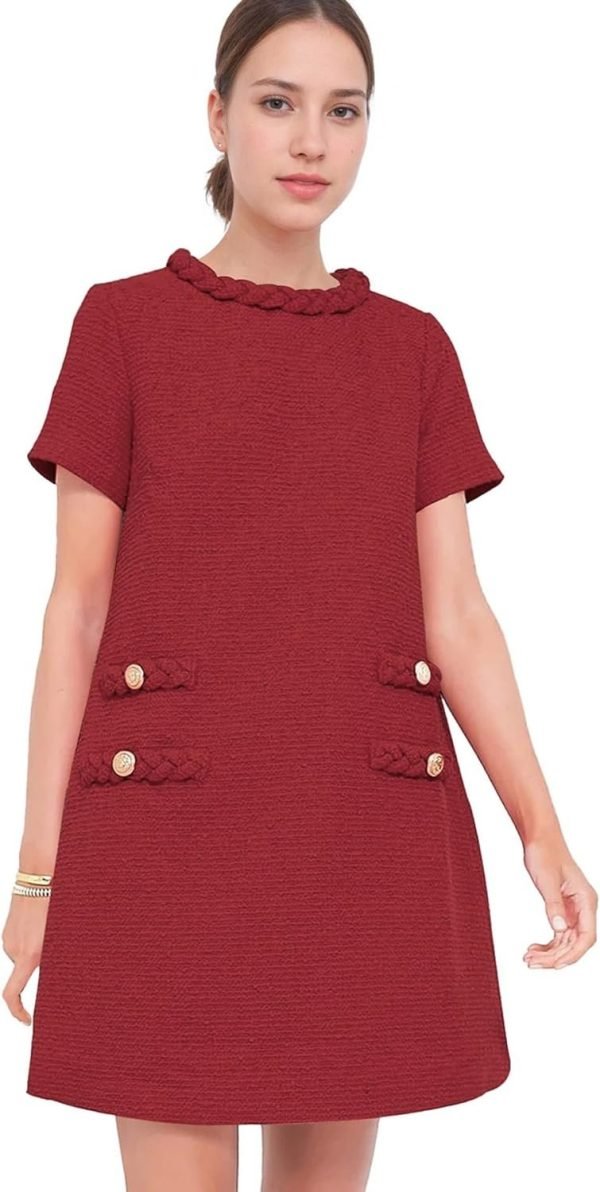 Women's Tweed Dress Short Sleeve Crew Neck A-line Party Vintage Mini Skirt Causal Dresses
