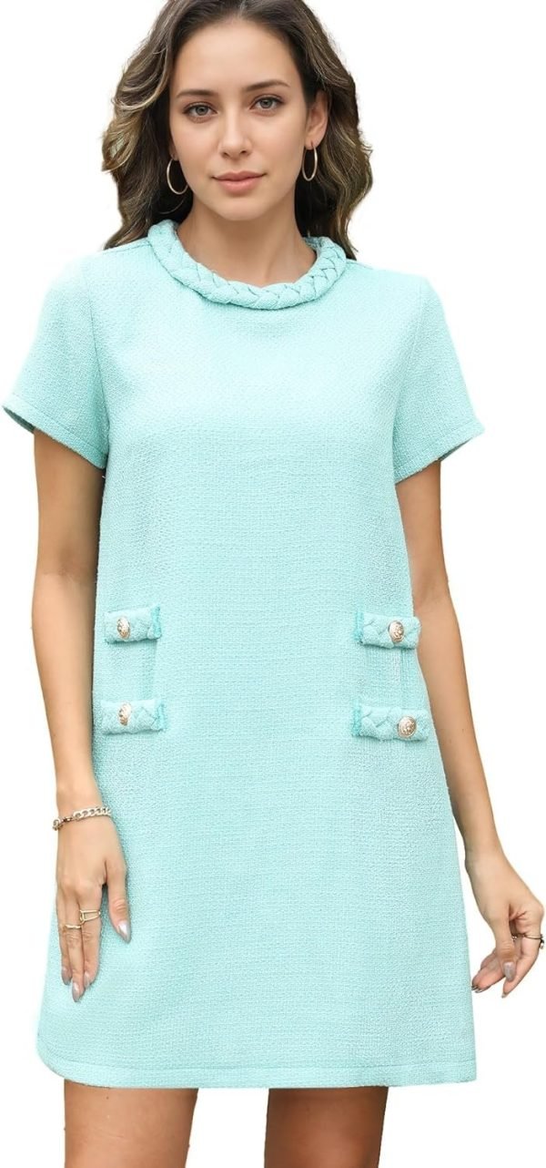 Women's Tweed Dress Short Sleeve Crew Neck A-line Party Vintage Mini Skirt Causal Dresses