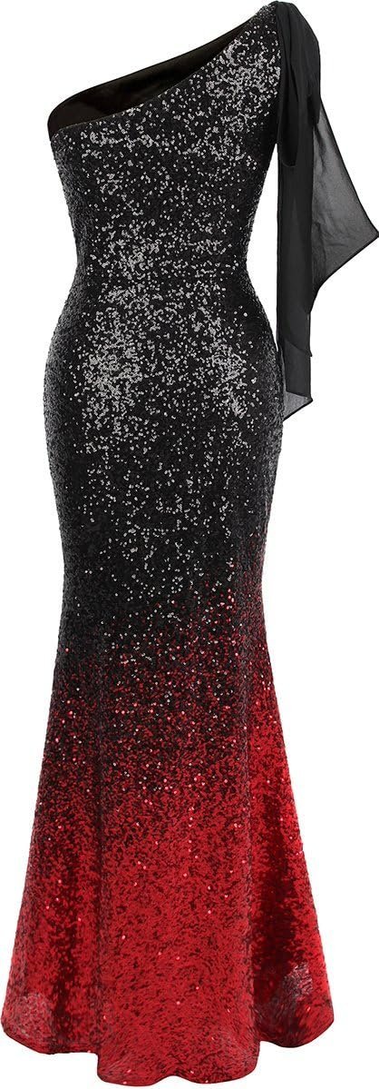 Women's Asymmetric Ribbon Gradient Sequin Mermaid Long Prom Dress
