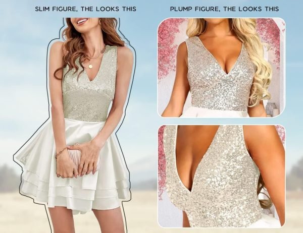 Women's Sequin Glitter V Neck Skater Mini Club Cocktail Party Swing Dress