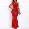 Sequins Fashion Sleeveless Oblique Collar Mermaid Women's Maxi Dress Bodycon Dress Party Dress