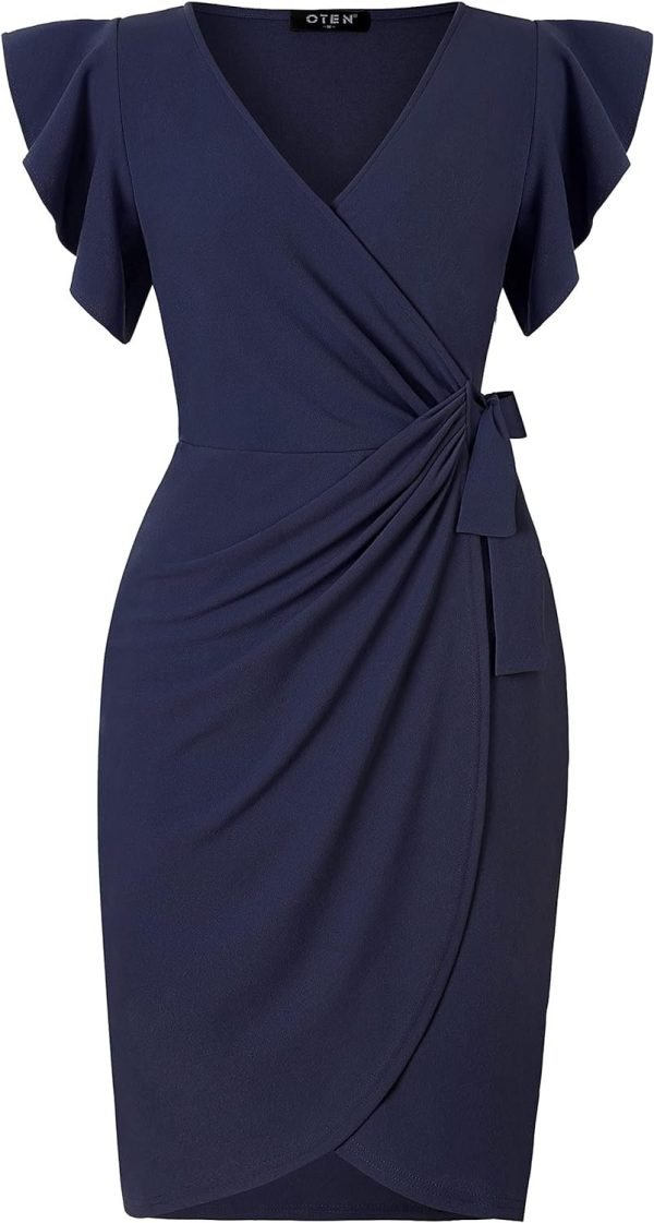 Womens Deep V Neck Ruffle Sleeve Sheath Casual Cocktail Party Work Faux Wrap Dress