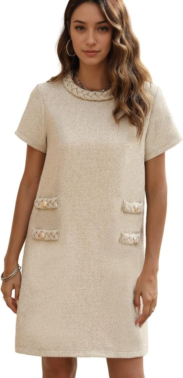 Women's Tweed Dress Short Sleeve Crew Neck A-line Party Vintage Mini Skirt Causal Dresses