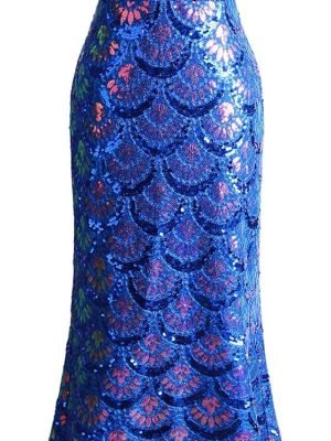 Women's V Neck Splicing Tulle Pattern Sequin Elegant Long Mermaid Prom Dress