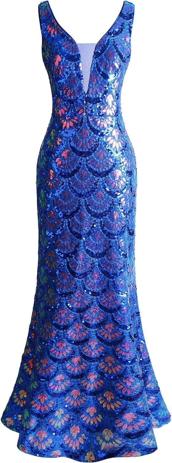 Women's V Neck Splicing Tulle Pattern Sequin Elegant Long Mermaid Prom Dress