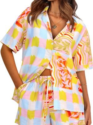 Womens 2 Piece Summer Beach Outfits Printed Short Sleeve Tops Lounge Shorts Casual Tracksuit Set