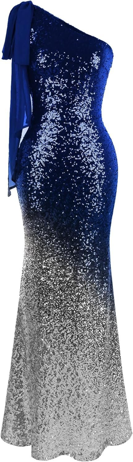 Women's Asymmetric Ribbon Gradient Sequin Mermaid Long Prom Dress