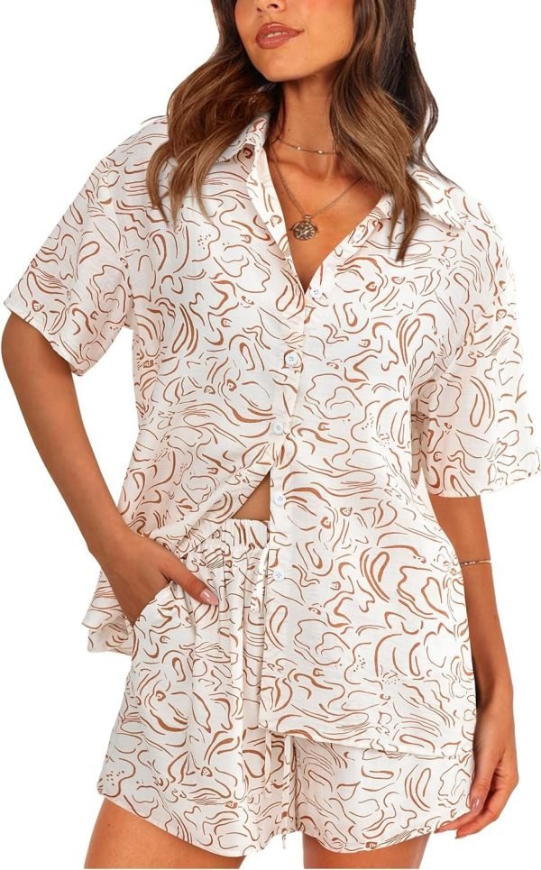 Womens 2 Piece Summer Beach Outfits Printed Short Sleeve Tops Lounge Shorts Casual Tracksuit Set