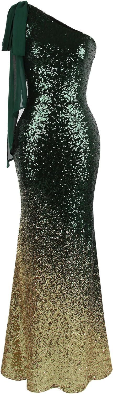 Women's Asymmetric Ribbon Gradient Sequin Mermaid Long Prom Dress