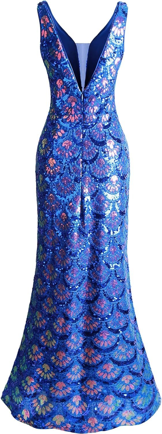 Women's V Neck Splicing Tulle Pattern Sequin Elegant Long Mermaid Prom Dress