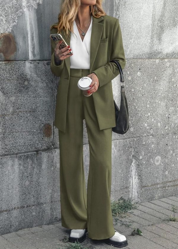 Women's 2024 Fall 2 Piece Blazer Set Casual Loose Long Blazer Jackets and Dressy Wide Leg Pant Suits with Pockets