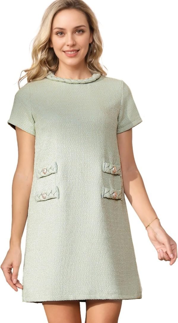Women's Tweed Dress Short Sleeve Crew Neck A-line Party Vintage Mini Skirt Causal Dresses