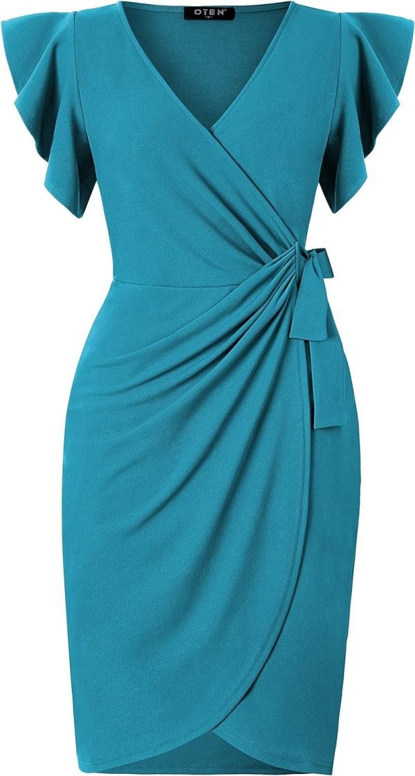 Womens Deep V Neck Ruffle Sleeve Sheath Casual Cocktail Party Work Faux Wrap Dress