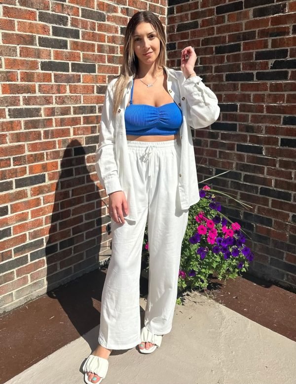 Women 2 Piece Linen Sets 2023 Button Down Shirt and Drawstring Long Pants Set Summer Outfits