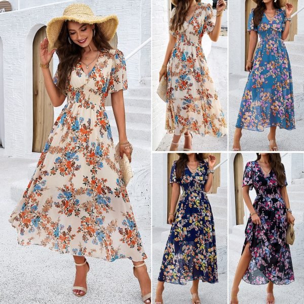2025 Spring/Summer Elegant Floral Waist-Tie Short-Sleeve Dress