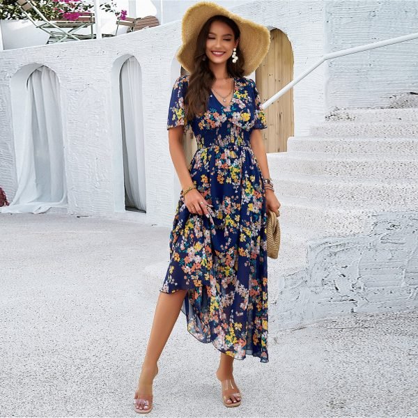 2025 Spring/Summer Elegant Floral Waist-Tie Short-Sleeve Dress