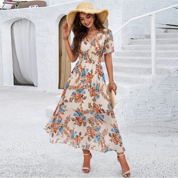 2025 Spring/Summer Elegant Floral Waist-Tie Short-Sleeve Dress
