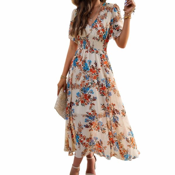 2025 Spring/Summer Elegant Floral Waist-Tie Short-Sleeve Dress