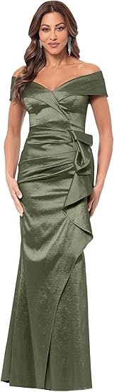 Women's Off-The-Shoulder Sweetheart Neck Taffeta Gown with Side Sweep Detail