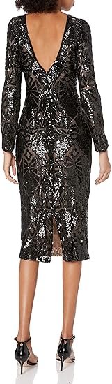 Dress the Population Women's Emery Long Sleeve Stretch Sequin Midi Sheath